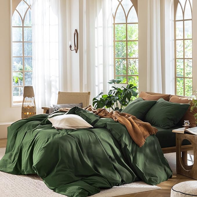 MooMee Bedding Duvet Cover Set 100% Washed Cotton Linen Like Textured Breathable Durable Soft Comfy (Solid Forest Green, Super King 108"x98")