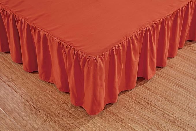 Sheets & Beyond Wrap Around Solid Microfiber Luxury Hotel Quality Fabric Bedroom Gathered Ruffled Bedding Bed Skirt 14 Inch Drop (Queen, Orange)