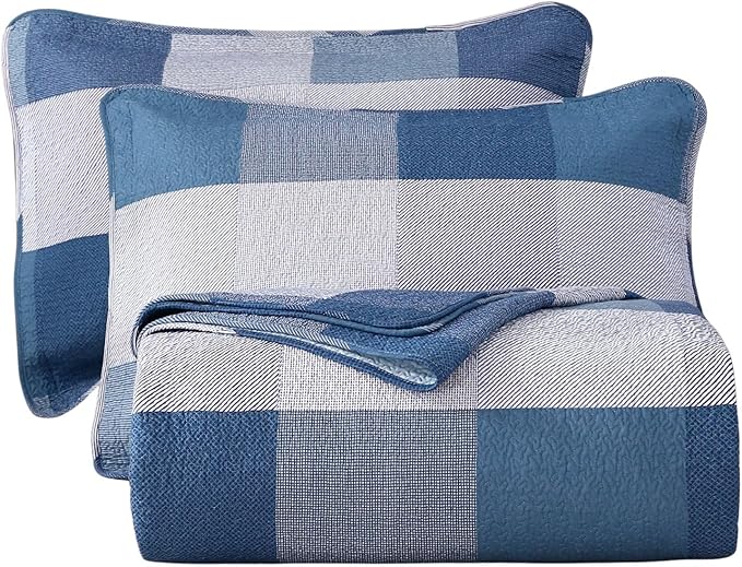 vctops Cotton Quilted Patchwork Quilt Set Queen Size Farmhouse Blue Plaid Bedspreads Coverlet 3 Pieces Summer Lightweight 1 Quilt and 2 Pillow Shams for All Season (Plaid A,Queen)