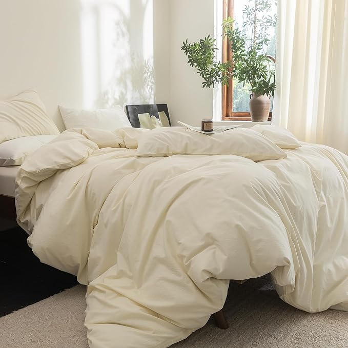 FOSSA Duvet Cover Set 100% Washed Cotton Linen Feel Super Soft Breathable Cozy 3 Pieces Bedding Sets Solid Cream White Oversized Queen