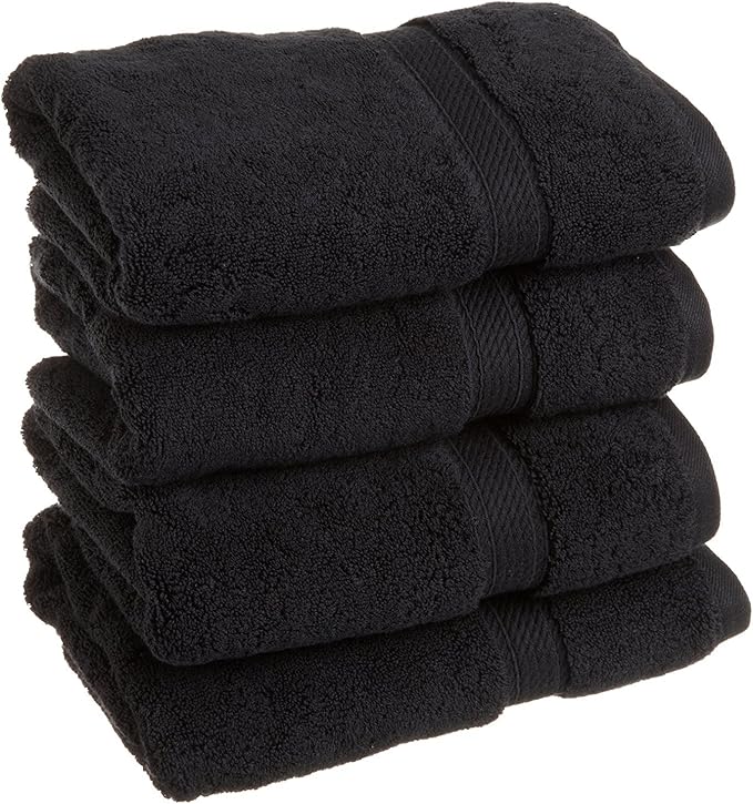 Superior Egyptian Cotton Pile Hand Towel Set of 4, Ultra Soft Luxury Towels, Thick Plush Essentials, Absorbent Heavyweight, Guest Bath, Hotel, Spa, Home Bathroom, Shower Basics, Black