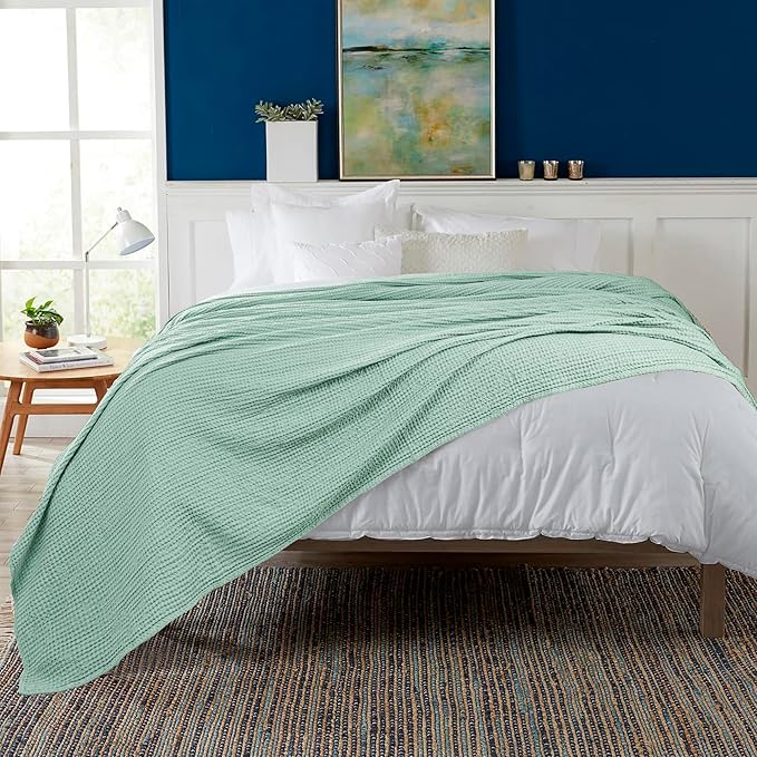 HILLFAIR 100% Combed Cotton Blanket– King Size Bed Blankets– Warm Soft All Season Breathable Lightweight Summer Waffle Weave Home Decor Bed Blanket- Sage King Bed Cotton Blankets/Bedcovers