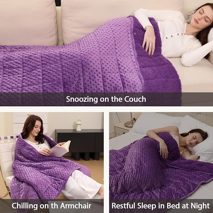 Minky Dot Weighted Blanket for Adults Twin Size 15 lbs, Warm Sherpa Snuggle Heavy Blanket for Autumn Winter with Glass Beads, Great for Stress Relief and Sleep Promotion, Purple 48 x 72 inches