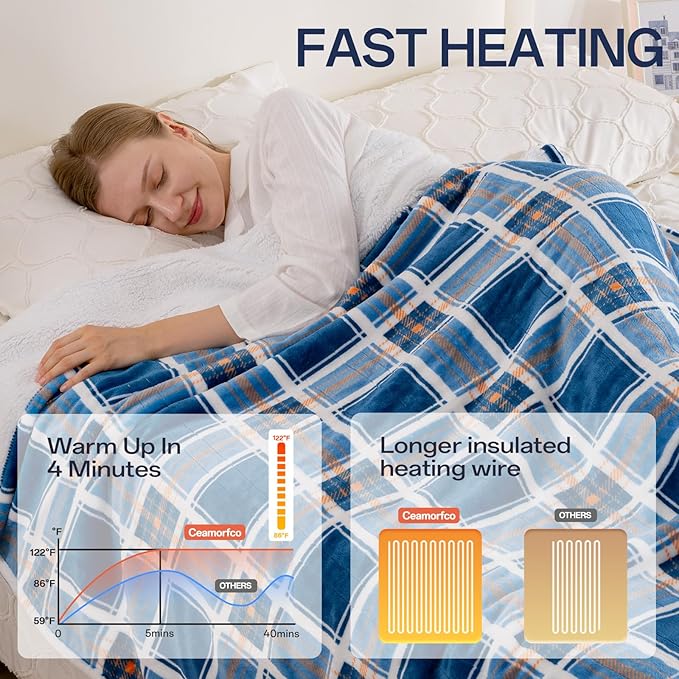 Electric Heated Blanket Twin - 62"x84" Heating Bed Blankets Throw with 10 Hours Auto Off 8 Fast Heating Levels Over-Heated Protection Soft Warm Flannel Sherpa Machine Washable ETL Certified Blue Plaid