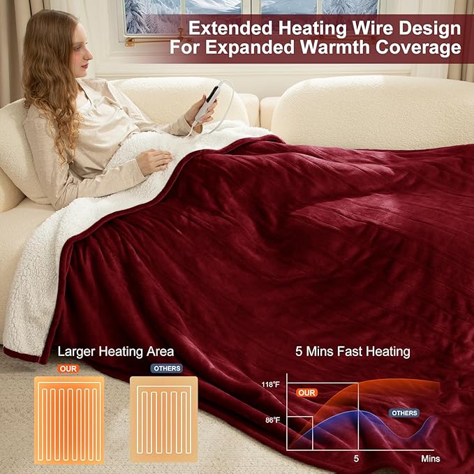 Full Size Heated Blanket Fast Heating - 72" x 84" Electric Blanket Full with 6 Heating Levels, 10 Hours Adjustable Timer, ETL Certified, Washable Heating Blankets for Home Office, Red