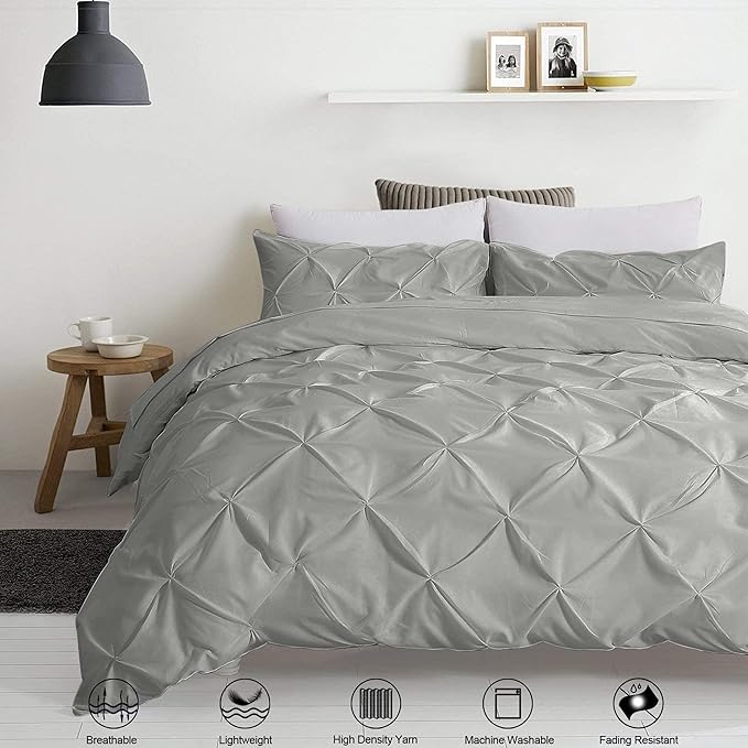 Pinch Pleated Duvet Cover Set 100% Brushed Microfiber 3PC Calking Size 98x104 Duvet Cover Set, Decorative Pinch Design Silver Grey Duvet Cover with Matching Pillow Case