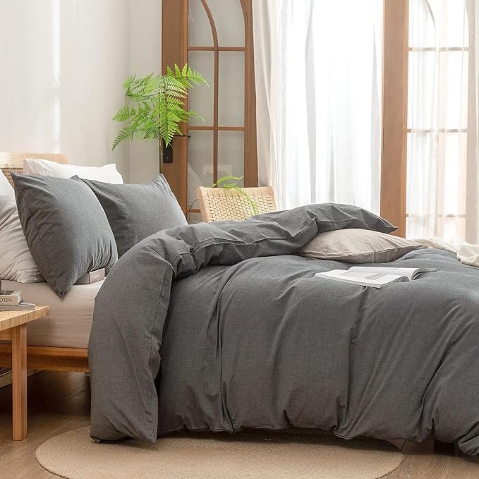 BESTOUCH Duvet Cover Set 100% Washed Cotton Linen Feel Super Soft Comfortable Chic Lightweight 3 PCs Home Bedding Set Solid Dark Grey Super King
