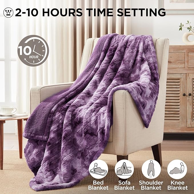 Westinghouse Electric Heated Throw Blanket, Faux Fur with 6 Heating Levels & Auto Off, Soft Cozy Sherpa Washable Blanket (50" x 60", Purple)