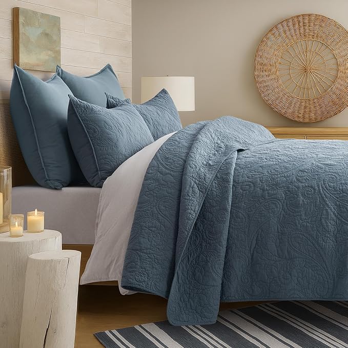 EVERGRACE 100% Cotton Paisley Quilt Set, King Size 3 Piece Set – Prewashed Lightweight Bedspread with 2 Shams, Soft & Breathable Matelasse Coverlet for All-Season Comfort, Stormy Blue