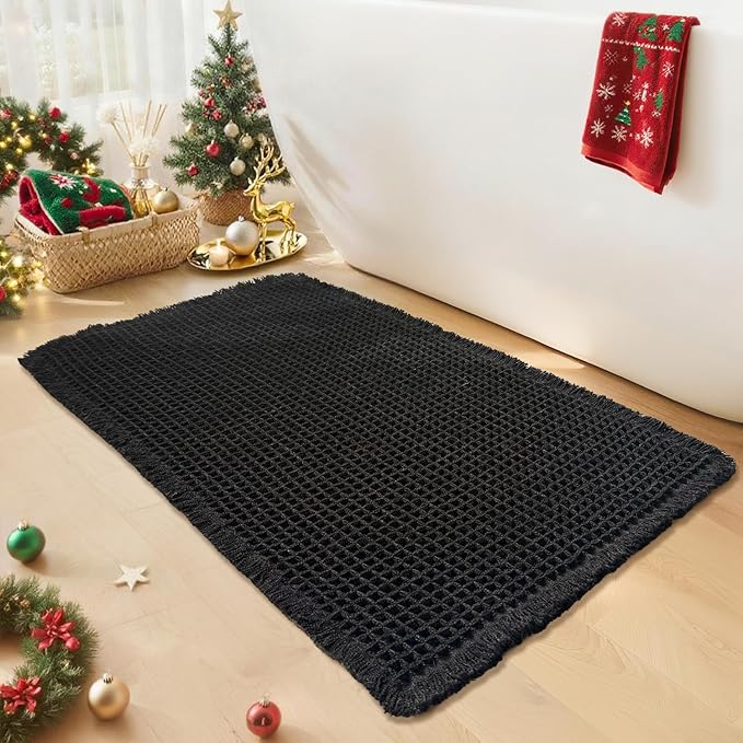 Black Bathroom Rug - Waffle Bath Mat Non Slip Washable, Super Absorbent & Quick Dry, Boho Bath Mat Farmhouse Bathroom Decor, 24'' x 36'', Black