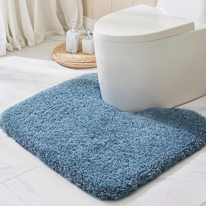 Blue Toilet Rug 22x24 Non Slip Fluffy Toilet Floor Mat U Shaped Washable Bathroom Contour Rug for Toilet Absorbent Thick Toilet Carpet