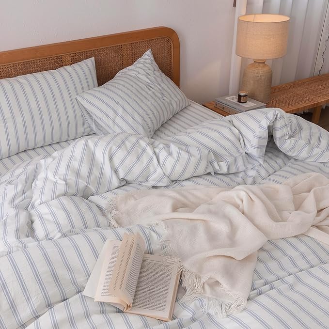 BESTOUCH Duvet Cover Set 100% Washed Cotton Linen Feel Super Soft Comfortable Chic Lightweight 3 PCs Home Bedding Set White & Cornflower Blue Stripes Queen