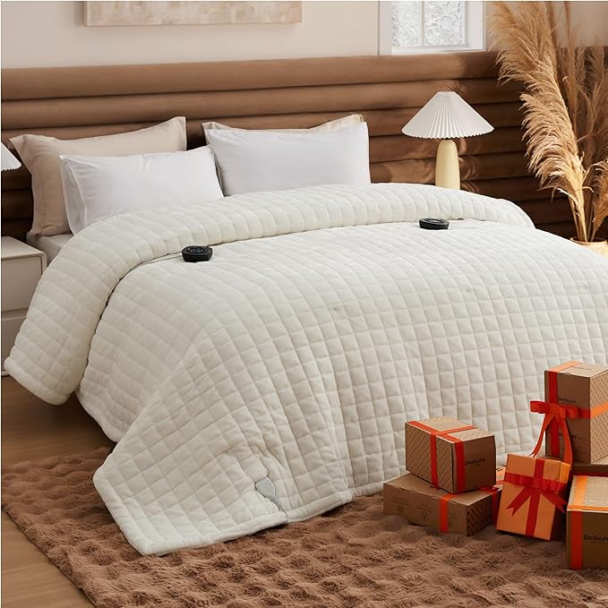 Bedsure Electric Blanket Queen Size - Quilted Winter Bedding of Thick Flannel, Dual Control Heated Blanket with 10 Heat & 10 Time Settings, Fast Heating for Cold Sleepers (84x90 inches, Ivory)
