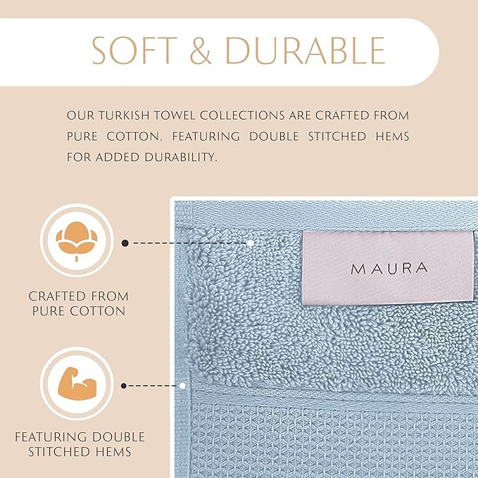 MAURA Light Blue Bath Towel Set of 8 for Bathroom. Turkish Cotton Luxury Bath Towels. Extra Large, Thick, Plush & Soft. Hotel & Spa Quality - Serenity Blue