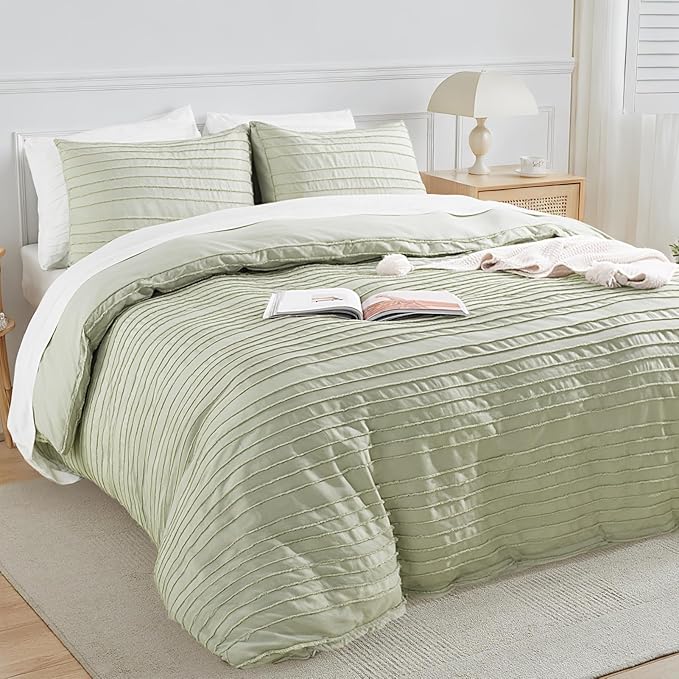 NEXHOME PRO Duvet Cover Queen Size, Blue 3 Pieces Boho Tufted Duvet Cover Set, Soft and Lightweight Microfiber Comforter Cover Set for All Season (Sage Green,90 x 90)-No Comforter