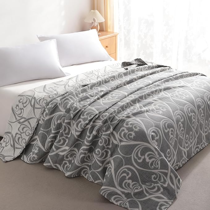 NTBAY 3 Layers Cotton Muslin 68x92 Twin Bed Blanket, Super Soft Breathable Thermal Yarn Dyed Quilt for Adults, Perfect Lightweight Blanket for Couch Sofa Bed All Seasons, Grey Paisley