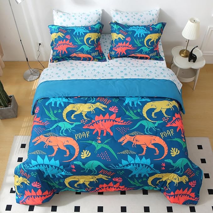 Wajade Boys Dinosaur Comforter Set Bed in A Bag Full Size 7 Piece 3D Blue Dinosaur Print Bedding Set for Kids Teens(1 Comforter, 1 Flat Sheet, 1 Fitted Sheet, 2 Pillowcase and 2 Pillow Sham)