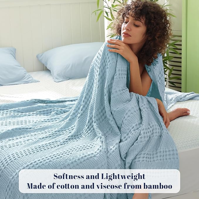 PHF Cooling Waffle Blanket King Size, Lightweight 60% Rayon Derived from Bamboo & 40% Cotton Breathable Blanket for Hot Sleepers, Soft and Luxury for Bed Couch and Sofa,104"x90",Sky Blue