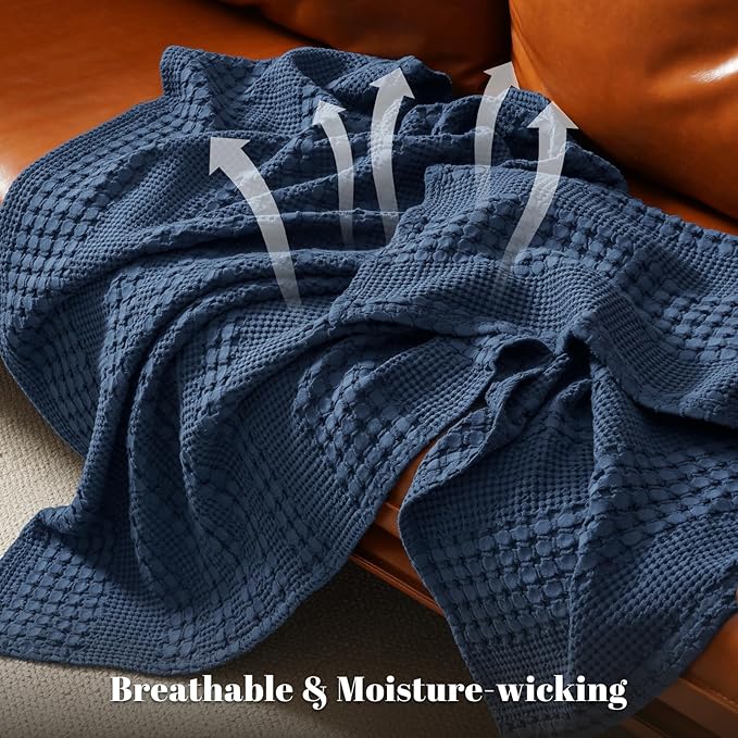 PHF 100% Cotton Waffle Weave Blanket Twin Size for Bed, Soft Lightweight & Breathable, All-Season Comfort, Luxury Aesthetic Woven Bedding for Home Decor, 66"x90", Blue Sapphire