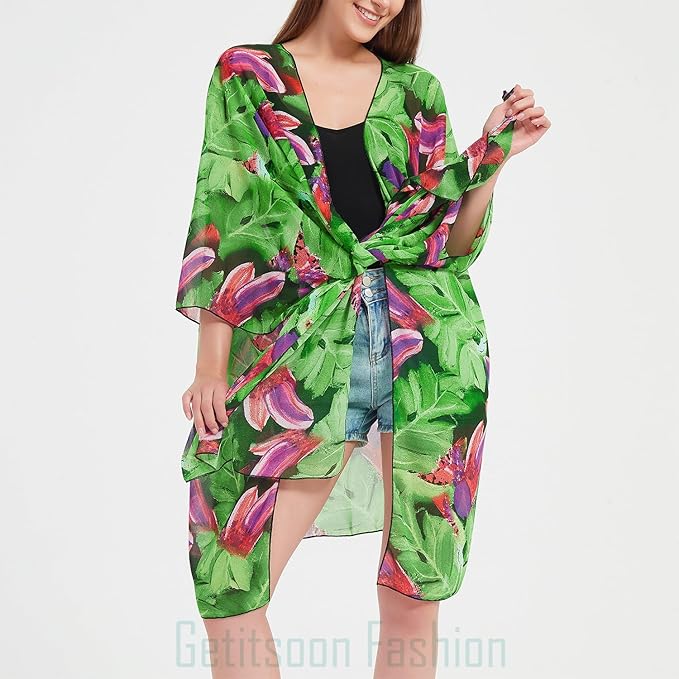 Women's Bohemian Floral Chiffon Beach Cover up Swimsuit Kimono Summer Swimwear Cardigans