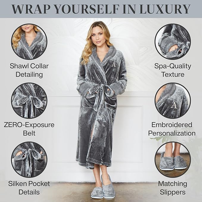Lotus Linen Plush Robes for Women - Soft Bathrobe, Custom Monogram, Warm Fleece Robe with Pockets