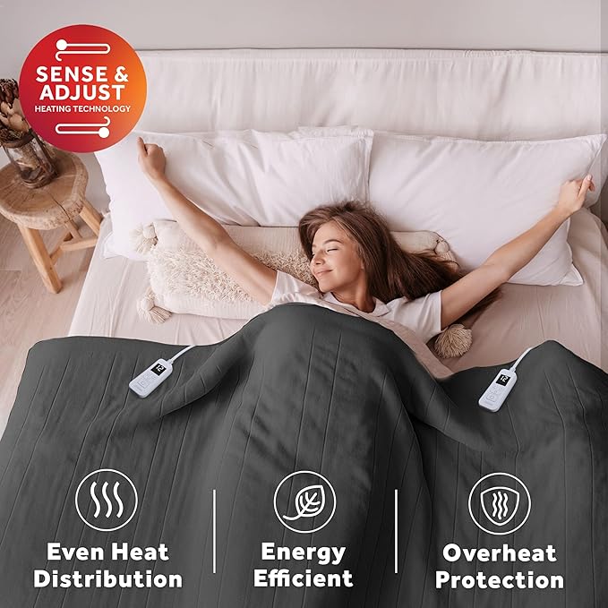 Sunbeam Electric Royal Luxe Microplush Heated Blanket, 12 Heat Settings, 12-Hour Auto Shut-Off, Fast Heating, Warm & Cozy, Machine Washable, Night Fog Color, King (90" x 100")