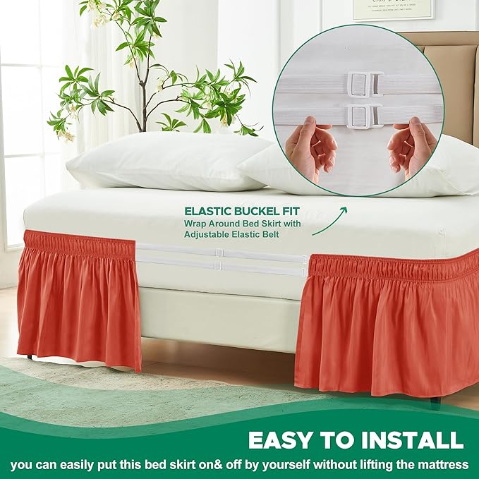 Biscaynebay Wrap Around Bed Skirts with Adjustable Belts for Twin & Twin XL Beds 15" Drop, Coral Elastic Dust Ruffles with Adjustable Belts Silky Luxrious Fabric Machine Washable