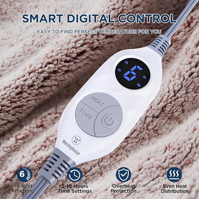 Westinghouse Electric Blanket Throw Size, Soft Plush Sherpa Heated Blanket with 6 Heating Levels & 2-10 Hours Auto-Off, Machine Washable, 50x60 inches, Rust
