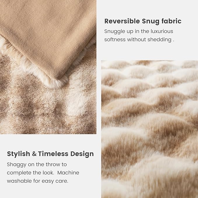 Cozy Bliss Faux Fur Throw Blanket Queen Size, Fuzzy Soft Plush Thick Bubble Blanket for Bed Couch Bedroom Living Room, 90x90 Inches Tie-dye Beige