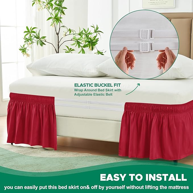 Biscaynebay Wrap Around Bed Skirts for Queen Size Beds 18" Drop, Red Adjustable Elastic Dust Ruffles Easy Fit Wrinkle Resistant Silky Luxurious Fabric Machine Washable
