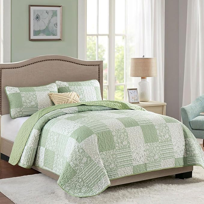 Mybedsoul Light Green Quilt Set Queen Size, 3 Pieces Plaid Floral Bedspread Set Patchwork Reversible Bedding Set Microfiber Lightweight Bedspread Coverlet Set for All Season 96"x90"