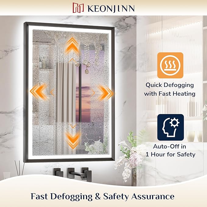 Keonjinn 72 x 36 Inch Bathroom Mirror with Frontlit & Backlit, Black Metal Framed Beveled Edge Mirror, Large LED Mirror with Anti Fog for Wall, Stepless 3-Color Temperatures, UL-Listed Driver
