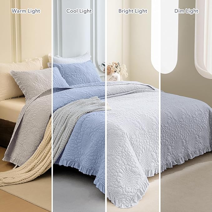 QSH Cornflower Blue Stonewashed Cotton Oversized King Quilt Bedspread Set(128"x120"),3PCs Farmhouse Ruffle Bedspread California King,Ultra Soft Lightweight Crinkle Quilt Coverlet with Pillow Shams