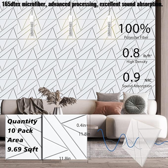 【10 Pack】 Acoustic Panels Self-Adhesive (0.4" Thick | 0.8lb/ft³ Medium Density) - 12x12 Soundproof Foam Tiles for Home Office/Wall Sound Absorption, Noise Reduction Panels Studio Use - White