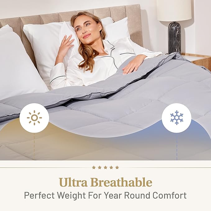 Lavish Comforts® Gray Comforter Queen – Fluffy Down Alternative Duvet Insert, Light Gray Comforter, All-Season Bedding, Hypoallergenic, Machine Washable, Queen Duvet Insert with Corner Loops