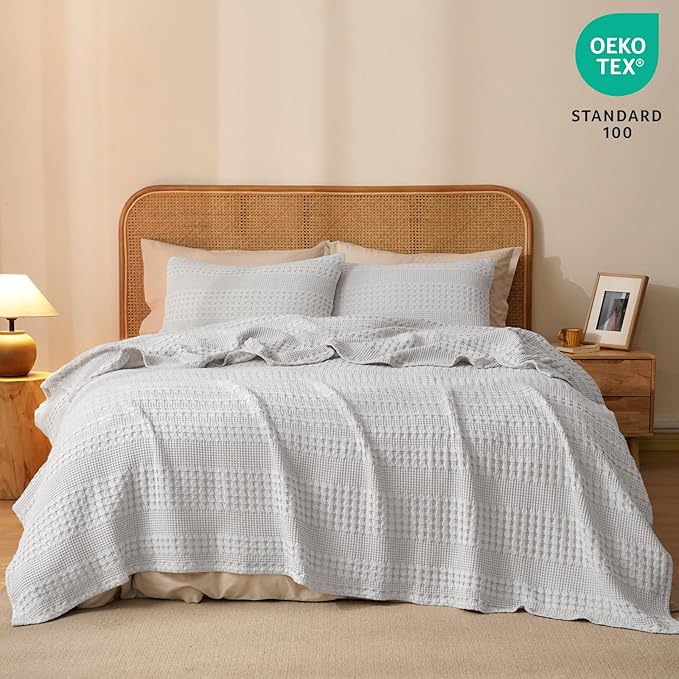 PHF 100% Cotton Waffle Weave Blanket Twin Size for Bed, Soft Lightweight & Breathable, All-Season Comfort, Luxury Aesthetic Woven Bedding for Home Decor, 66"x90", Light Grey