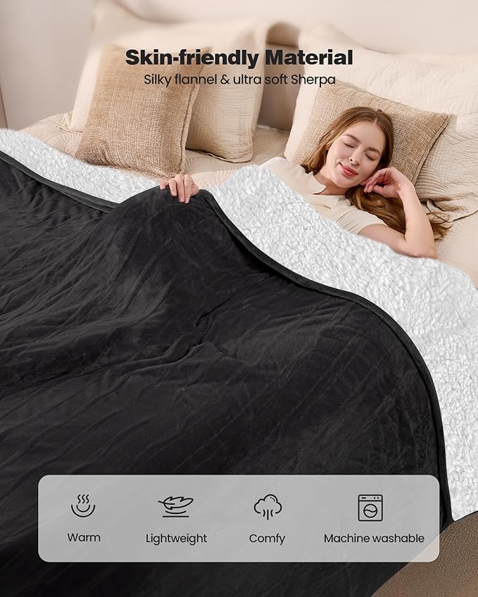 Electric Blanket King- Heated Blanket Super Soft, Dual Control & 9 Heat Settings Heating, 10 Hours Auto Off, Soft Flannel to Sherpa, Fast Heating Electric Throw, Machine Washable, 90" x 100''- Black