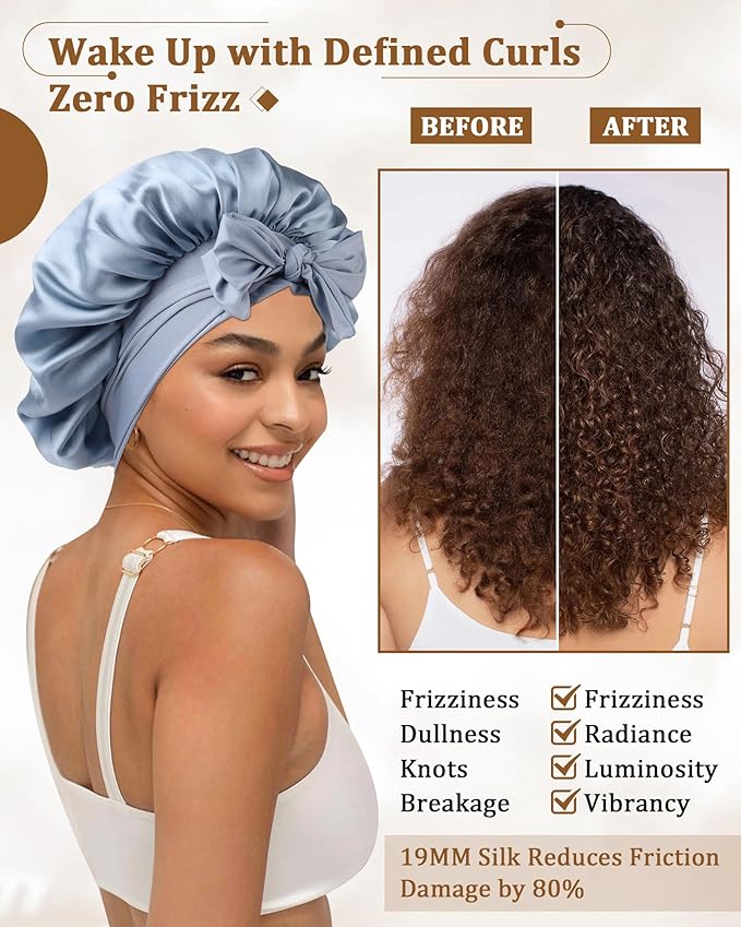 AWAYTR Mulberry Silk Bonnet for Sleeping - Silk Sleep Bonnet with Tie Band for Curly Hair Men and Women (Haze Blue)