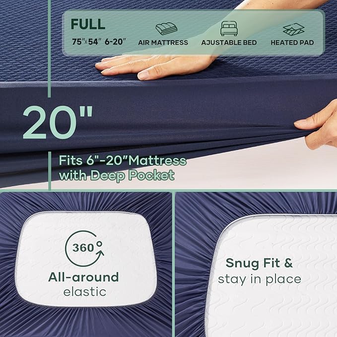 OhGeni 100% Waterproof Mattress Protector, Queen-Navy Blue Size Mattress Pad, Fits 6"-20" Mattresses with Deep Pocket, Cooling, Breathable Fitted Sheets, Soft Bed Cover, Noiseless, Machine Washable