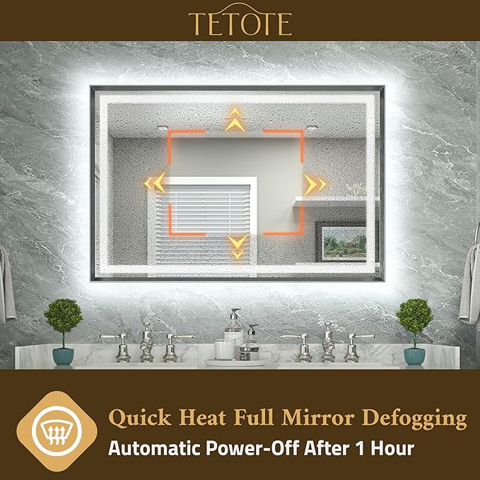 TETOTE 42 x 36 Bathroom LED Mirror Brushed Gunmetal Gray Frame Frontlit & Backlit Vanity Mirror Anti-Fog Stepless Dimmable 3 Colors White/Warm/Natural Wall-Mounted