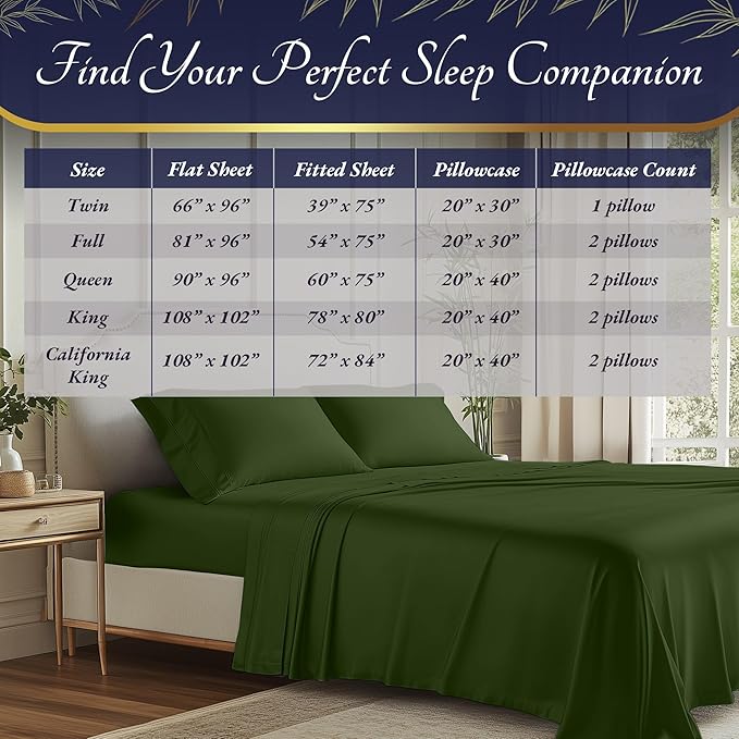 DECOLURE 100% Viscose Derived from Bamboo Sheets Full Size 4pcs - Ultra Soft & Luxuriously Cooling, 17" Deep Pocket, Double Stitching, Perfect for Hot Sleepers - Full Bed Sheets (Olive)