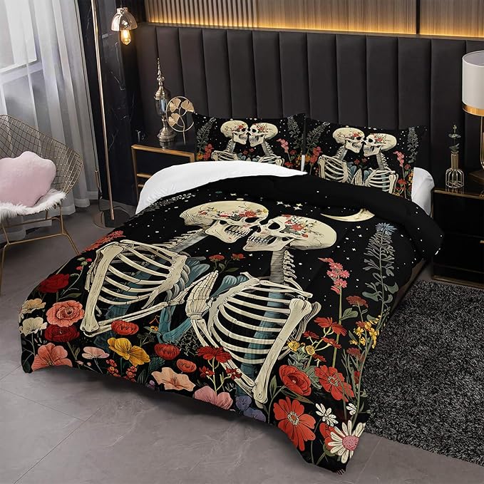 Black Gothic Skull Flower Queen Comforter Set，Quilt Queen Size Bedding Set Gothic，with 1 Comforter with 2 Pillow Case，Skull Room Decor for Bedroom