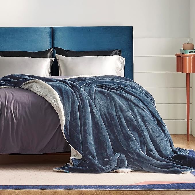 Bedsure GentleSoft Sherpa Fleece Blankets Queen Size for Bed - Thick and Warm, Soft Fuzzy Plush Queen Blanket for Winter, Slate Blue, 90x90 Inches