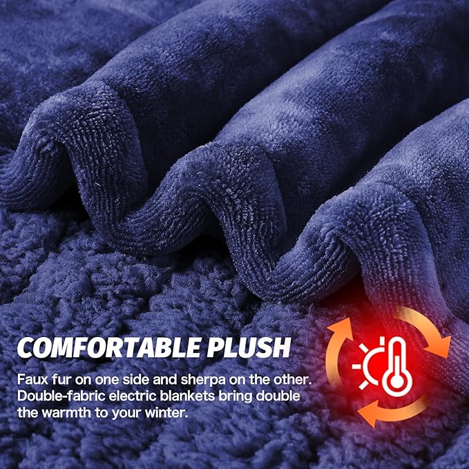 greenoak Heated Electric Blanket Throw, Faux Fur Sherpa Heating Blanket for Sofa Bed, Warm Winter Gifts for Dad/Grandma, Heater Lap Blankets 5-Position Timer &10 Heating Levels 84'*90" Cobalt