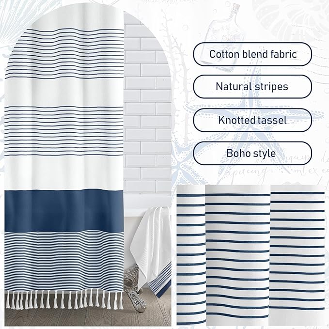 Awellife Navy Blue Shower Curtain for Bathroom Stripe Tassel Shower Curtain 84 X 72 Inches Farmhouse Cotton Wide