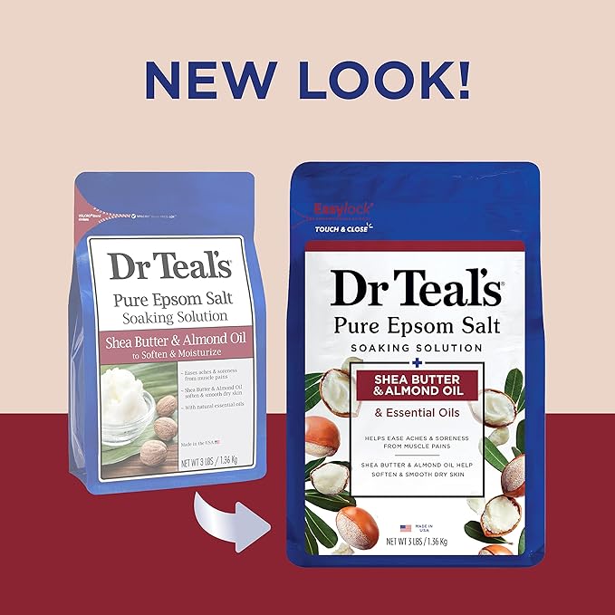 Dr Teal's Foaming Bath with Pure Epsom Salt, Shea Butter & Almond, 34 fl oz (Pack of 4) (Packaging May Vary) & Salt Soak with Pure Epsom Salt, Shea Butter & Almond, 3 lbs