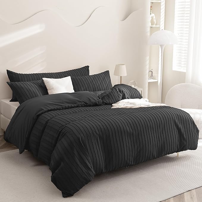 JELLYMONI Duvet Cover Queen Size Black - 3PCS Boho Striped Duvet Cover Set Polyester Tufted Bohemian Textured Comforter Cover with Corner Ties & Zipper Closure