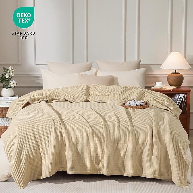 PHF 100% Cotton Waffle & Muslin Blanket King Size, Soft Breathable Luxury 400GSM Versatile Reversible Bedding for Bed, Great for Layering in Cold Weather, Home Decor Gift, 104" x 90", French Oak