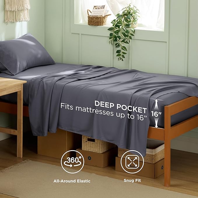 Bedsure Twin XL Sheet Set Dorm Bedding, Cooling Sheets Twin Extra Long Sheets, Rayon Derived from Bamboo, Deep Pocket Up to 16", Hotel Luxury Silky Bedding Sheets & Pillowcases, Dark Grey