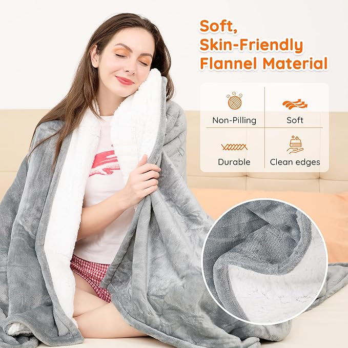 Mia&Coco Heated Blanket Queen Size （84"x90"） Dual Control Flannel Electric Blanket,10 Heat Levels,10-Hour Auto-Off, Fast Heating, Overheat Protection, Soft Heating Blanket for Home and Office- Gray